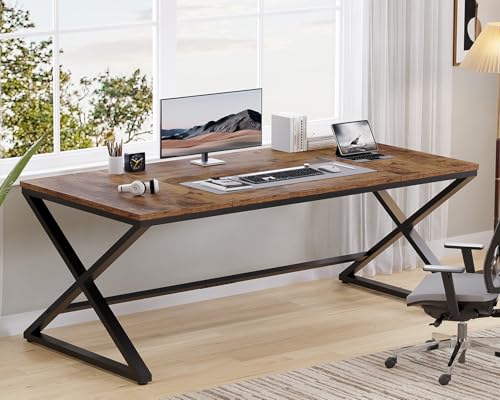 LVB Rustic Large Home Office Desk 708 Long and Wide Computer Desk Wood Metal Work Desk for Study Writing Gaming Farmhouse Dual Monitor Workstation Executive Desk Computer Table Rustic Brown