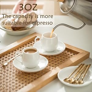 LYEOBOH Espresso Cups with Saucers Set 3 Ounces Coffee Cups with Metal Stand and Spoons Ceramic Cappuccino Coffee Cups Demitasse Cups for Espresso Latte Cafe Mocha and Tea Set of 6 White