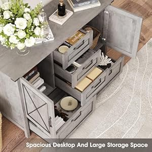 Maupvit Buffet Cabinet Sideboard Cabinet with 2 Doors and 5 Drawers Farmhouse Buffet Table with Storage for Kitchen Wood Buffet Coffee Bar Table for Dining Room Grey