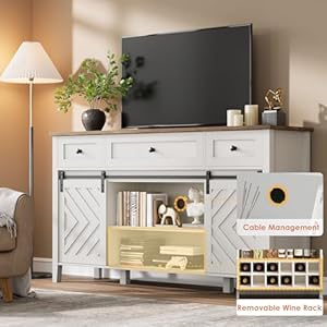 59 Farmhouse Buffet Cabinet with Sliding Barn Door Rustic Sideboard with 3 Drawer Removable Wine Rack Farmhouse Sideboard with Adjustable Shelf for for Dining Room Kitchen White