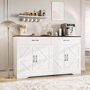 55 Sideboard Buffet Cabinet with Storage Large Kitchen Storage Sideboard with Drawers Doors Modern Wood Farmhouse Coffee Bar Cabinet Buffet Table for Kitchen Dining Room Living Room White