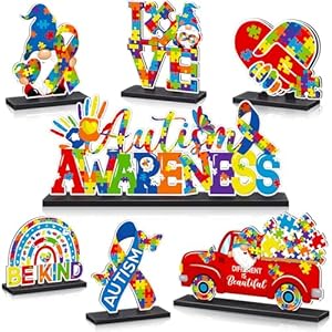 6 Pcs Autism Awareness Table Centerpieces Wooden Autism Awareness Table Signs Party Decor Table Toppers for Encourage Party Decoration Supplies
