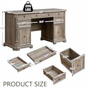 Yechen 55 wood executive desk with 7 drawers farmhouse home office desks with power outlet wooden computer desk with roman columns rustic writing table for work study weathered reclaimed oak  urban country home decor