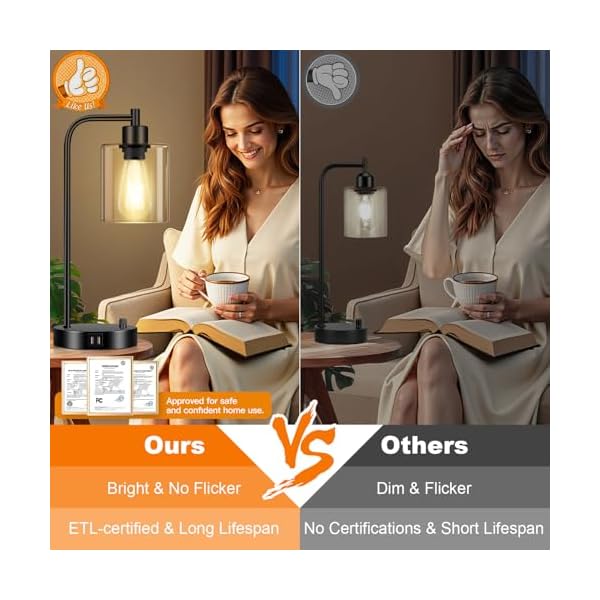  Industrial-Table-Lamp-with-2-USB-Charging-Ports-Fully-Stepless-Dimmable-Modern-Nightstand-Lamp-Glass-Shade-Bedside-Desk-Lamp-for-Bedroom-Living-Room-Office-6W-2700K-LED-Edison-Bulb-Included