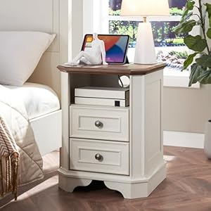   T4TREAM-Farmhouse-Nightstand-with-Charging-Station-18-End-Table-with-2-Drawers-Wood-Side-Table-Bedside-Cabinet-for-Bedroom-Living-Room-Antique-White