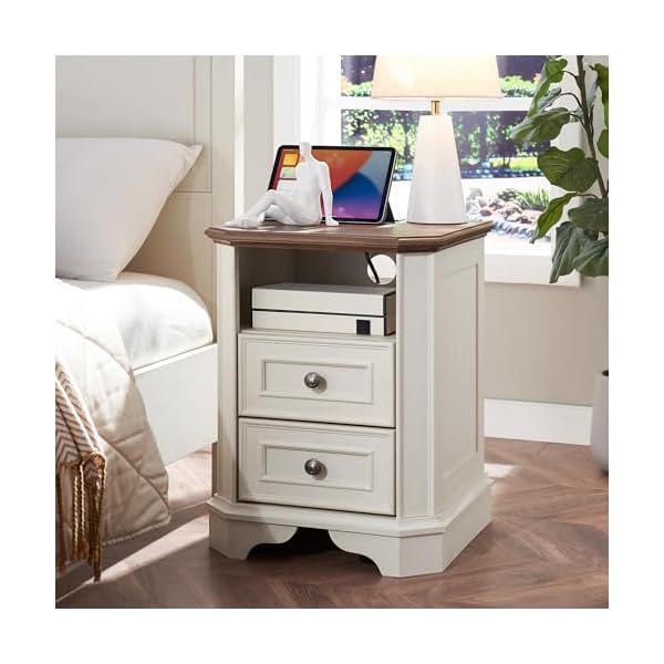   T4TREAM-Farmhouse-Nightstand-with-Charging-Station-18-End-Table-with-2-Drawers-Wood-Side-Table-Bedside-Cabinet-for-Bedroom-Living-Room-Antique-White