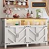 Buffet Sideboard with Storage with Power Outlets LED Light 4 Doors 55 Large Farmhouse Kitchen Storage Cabinet Wood Coffee Bar Cabinet Buffet Table for Kitchen Dining Room Entryway