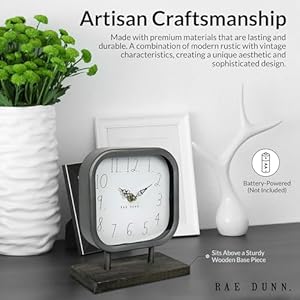 Rae Dunn Desk Clock Battery Operated Modern Metal Rustic Design with Wooden Base for Bedroom Office Kitchen Small Classic Analog Display Chic Home Decor for Desktop Table Countertop