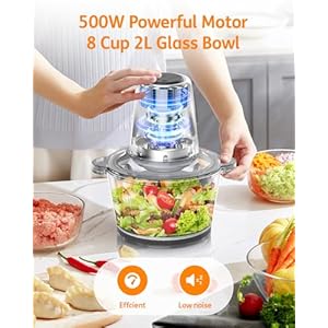 Food Processor Chopper Meat Grinder 2 Speed 500W Electric Meat Chopper with 8 Cup Glass Bowl Bi Level Blades for Kitchen Home Use Baby Food Onion Vegetables Silver