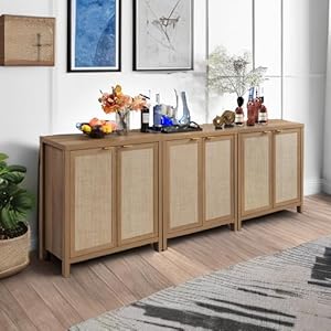 SICOTAS Sideboard Buffet Coffee Bar Cabinet Boho Rattan Larger Credenza with Storage 3 Pieces Farmhouse Kitchen Storage Cabinets Buffet Cabinet for Entryway Living Room Oak