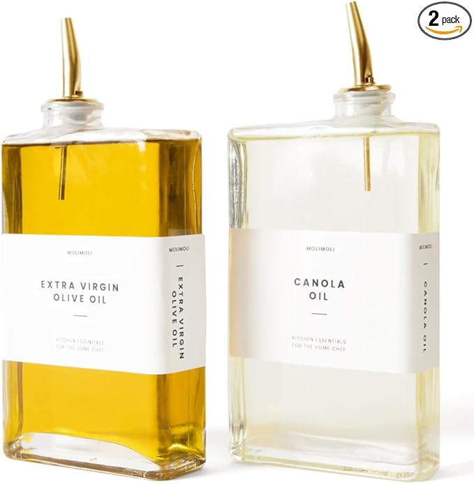 Molimoli Olive Oil Dispenser for Kitchen, Oil and Vinegar Dispenser Set, Glass Olive Oil Dispenser Bottle, Soy sauce dispenser, coffee syrup bottles | Set of 2 - Gold Oil Dispenser