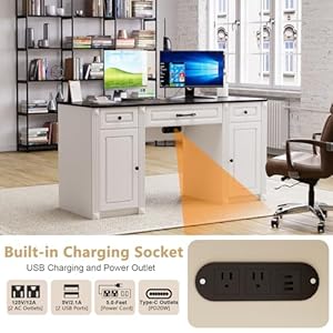 PAKASEPT 58" Executive Desk with Storage Drawers, Farmhouse Office Desk with Charging Station Wood Computer Desk with Ample Storage Cabinet, Rustic Home Wrting Desk with Drawers for Office, White PAKASEPT 58 Executive Desk with Storage Drawers Farmhouse Office Desk with Charging Station Wood Computer Desk with Ample Storage Cabinet Rustic Home Wrting Desk with Drawers for Office White