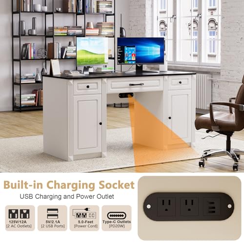 PAKASEPT-58-Executive-Desk-with-Storage-Drawers-Farmhouse-Office-Desk-with-Charging-Station-Wood-Computer-Desk-with-Ample-Storage-Cabinet-Rustic-Home-Wrting-Desk-with-Drawers-for-Office-White PAKASEPT 58 Executive Desk with Storage Drawers Farmhouse Office Desk with Charging Station Wood Computer Desk with Ample Storage Cabinet Rustic Home Wrting Desk with Drawers for Office White