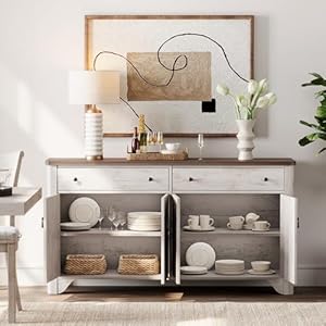 WAMPAT Sideboard Buffet Cabinet with Storage 59 Large Farmhouse Buffet Cabinet with 2 Drawers and 4 Doors Adjustable Shelves Coffee Bar Wine Bar Buffet Table for Dining Room Living Room White