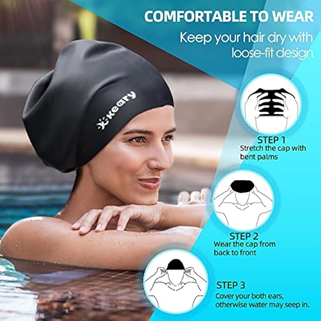 Keary Extra Large Swim Cap for Braids and Dreadlocks Extensions Weaves Long Hair, Waterproof Silicone Cover Ear Bath Pool Shower Swimming Cap for Adult Youth to Keep Hair Dry, Easy to Put On and Off