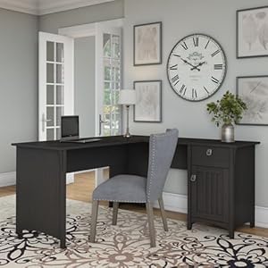 Bush furniture salinas l shaped desk with storage in vintage black modern farmhouse corner table with drawers and cabinets for home office  urban country home decor