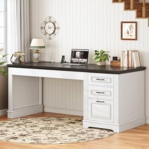 SEDETA Office Desk with 3 Drawers 55 Executive Computer Desk with Storage Drawers Farmhouse Desk with Power Outlet for Home Office White