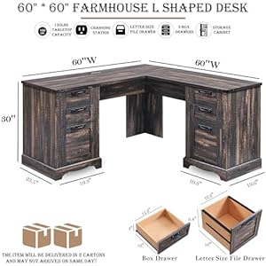 RedLemon 60 Farmhouse L Shaped Desk with Drawers Wood Home Office Corner Executive Desk with Charging Station File Drawer Storage Cabinet Rustic Computer Writing Desk Dark Rustic Oak