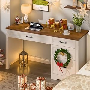 Vabches Farmhouse Executive Desk with Storage and Ample File Drawer, Rustic Large Home Writing Desk for Bedroom, White Vabches Farmhouse Executive Desk with Storage and Ample File Drawer Rustic Large Home Writing Desk for Bedroom White