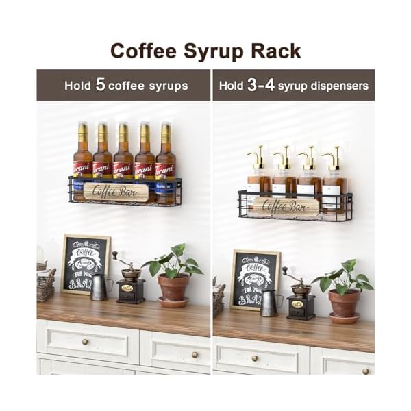  Coffee-Mug-Holder-Organizer-2-Pack-with-12-Mug-Hooks-Mug-Rack-Wall-Mounted-with-Coffee-Bar-Sign-Farmhouse-Coffee-Accessories-and-Organizer-with-Metal-Basket-Floating-Shelves-for-Wall-Weathered-Walnut