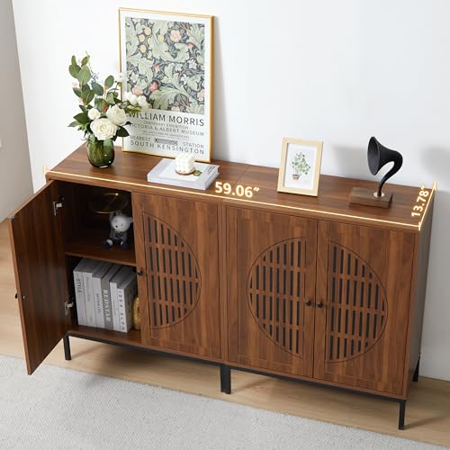 59-Sideboard-Buffet-Cabinet-with-Storage-Set-of-2-Farmhouse-Accent-Storage-Cabinet-with-Metal-Base-and-Adjustable-Shelves-Console-Table-for-KitchenDining-RoomLiving-Room-Walnut 59 Sideboard Buffet Cabinet with Storage Set of 2 Farmhouse Accent Storage Cabinet with Metal Base and Adjustable Shelves Console Table for KitchenDining RoomLiving Room Walnut