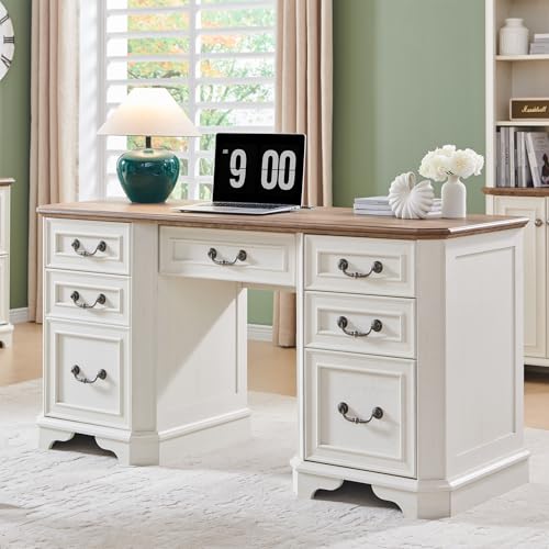 T4TREAM 59 Farmhouse Executive Desk with DrawersWood Home Office Computer Desk Featuring Keyboard TrayCharging StationFile Drawer Storage Cabinetfor Work and Study Antique White