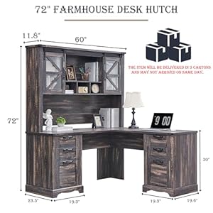 RedLemon 60" Farmhouse L Shaped Desk with Hutch, Wood Home Office Executive Desk with Drawer, Charging Station, File Drawer, Storage Cabinet, Rustic Writing Computer Desk (Dark Rustic Oak) RedLemon 60 Farmhouse L Shaped Desk with Hutch Wood Home Office Executive Desk with Drawer Charging Station File Drawer Storage Cabinet Rustic Writing Computer Desk Dark Rustic Oak