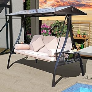NOBLEMOOD Outdoor Porch Swing with Polycarbonate Hardtop, 3 Seat Patio Swing with Convertible Backrest, 2 Side Cup Holder, Thickened Cushion, 4 Pillows for Adult, Garden, Lawn