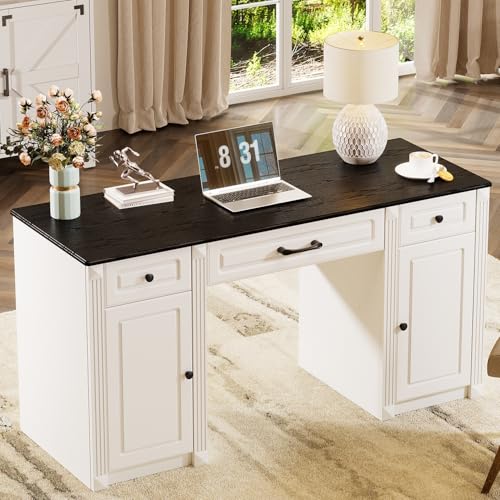 PAKASEPT-58-Executive-Desk-with-Storage-Drawers-Farmhouse-Office-Desk-with-Charging-Station-Wood-Computer-Desk-with-Ample-Storage-Cabinet-Rustic-Home-Wrting-Desk-with-Drawers-for-Office-White PAKASEPT 58 Executive Desk with Storage Drawers Farmhouse Office Desk with Charging Station Wood Computer Desk with Ample Storage Cabinet Rustic Home Wrting Desk with Drawers for Office White