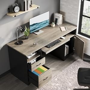   Bestier-59-Executive-Desk-with-2-Drawers-Computer-Desk-with-Storage-Cabinet-Industrial-Wood-Desk-with-File-Drawer-Keyboard-Tray-2-Pedestals-for-Home-Office-Studio-Gray