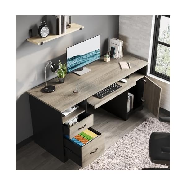   Bestier-59-Executive-Desk-with-2-Drawers-Computer-Desk-with-Storage-Cabinet-Industrial-Wood-Desk-with-File-Drawer-Keyboard-Tray-2-Pedestals-for-Home-Office-Studio-Gray