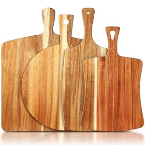 Set of 4 Thick Acacia Wood Cutting Boards with Handles Assorted Sizes Large Charcuterie Boards Butcher Block Serving Tray for Cheese Meat Pizza Vegetables BreadLarge