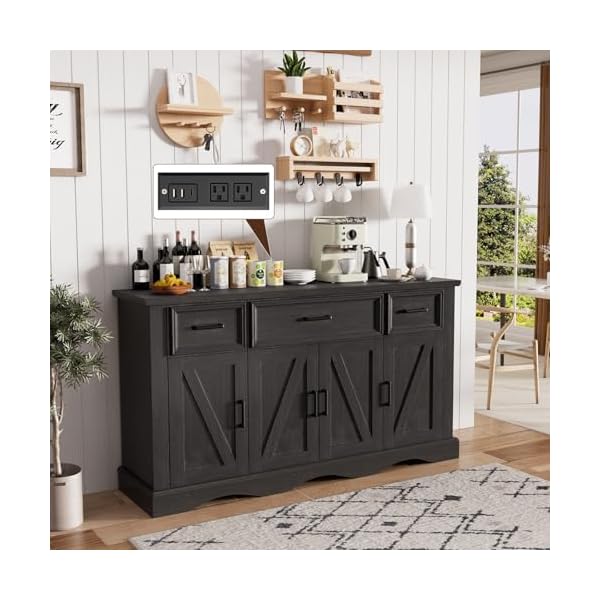 58 large wooden buffet cabinet with storage modern coffee bar and wine bar wave base design multi purpose buffet table with charging station for living roomdining room or kitchenblack  urban country home decor