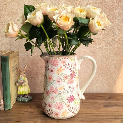 Vintage Colorful Daisy Flora Ceramic Vase with Handle Retro Ice Glazed Crack Farmhouse Pitcher Vase for Home Decor Living Room Shelf Office Rustic Table Centerpiece 9 Inch