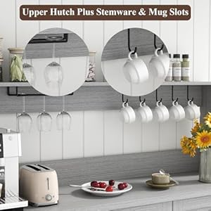 Farmhouse Bar Cabinet with Hutch Kitchen Buffet Cabinet with Storage Cabinet 3 Sliding Drawers Adjustable Shelf Goblet Holder Cup Hooks for Living Room Dining Room Use Grey