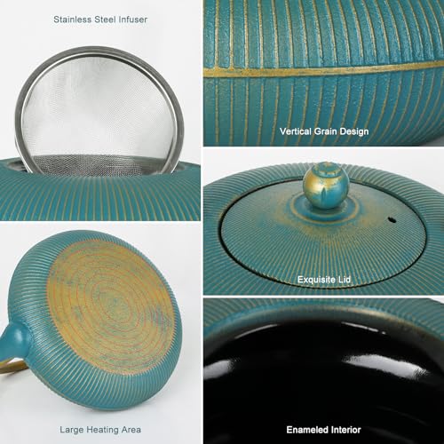 Greencastironteapotlargecapacity40oz1200mlwithinfuserforlooseleafstovetopsafeverticalstripeflatteakettleenameledinterior Urban Country Home Decor Green cast iron teapot large capacity 40oz1200ml with infuser for loose leaf stovetop safe vertical stripe flat tea kettle enameled interior urban country home decor
