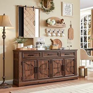 Jxqtlingmu 66 large buffet sideboard cabinet with 4 doors and 3 drawers buffet table coffee bar wine bar storage cabinet for dining room living room hallway dark brown  urban country home decor
