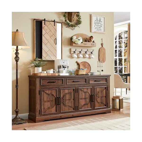 Jxqtlingmu 66 large buffet sideboard cabinet with 4 doors and 3 drawers buffet table coffee bar wine bar storage cabinet for dining room living room hallway dark brown  urban country home decor
