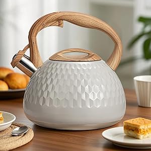 Tea kettle 27 quart with wood pattern handle loud whistle food grade stainless steel teapot anti hot handle and anti rust suitable for all heat sources  urban country home decor
