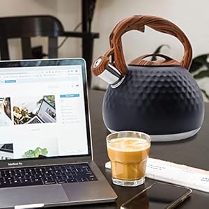   GGC-Tea-Kettle-for-Stove-Top-Loud-Whistling-Kettle-for-Boiling-Water-Coffee-or-Milk-31-Quart-3L-Heavy-Stainless-Steel-Black-Kettle-with-Wood-Pattern-Handle-Unique-Button-Control-Kettle-Outlet
