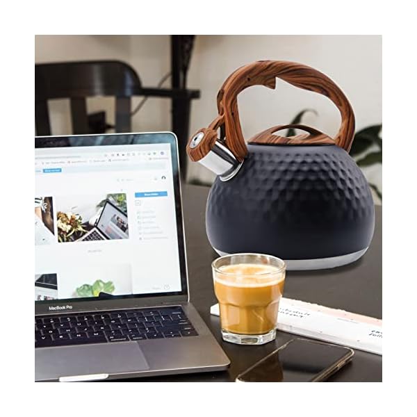   GGC-Tea-Kettle-for-Stove-Top-Loud-Whistling-Kettle-for-Boiling-Water-Coffee-or-Milk-31-Quart-3L-Heavy-Stainless-Steel-Black-Kettle-with-Wood-Pattern-Handle-Unique-Button-Control-Kettle-Outlet