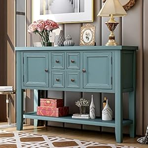 Merax Wood Farmhouse Buffet Table with Storage Shelf 2 Drawers and Cabinets Buffet Coffee Bar Cabinet for Living Room Dinning Room Kitchen Dark Blue