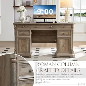 Yechen 55 wood executive desk with 7 drawers farmhouse home office desks with power outlet wooden computer desk with roman columns rustic writing table for work study weathered reclaimed oak  urban country home decor