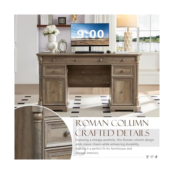 Yechen 55 wood executive desk with 7 drawers farmhouse home office desks with power outlet wooden computer desk with roman columns rustic writing table for work study weathered reclaimed oak  urban country home decor