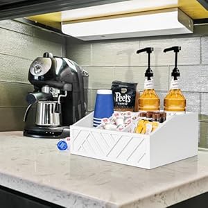   Farmhouse-Wood-Coffee-Station-Organizer-Countertop-Coffee-Bar-Accessory-Holder-Pod-Syrup-Condiment-Organizer-White