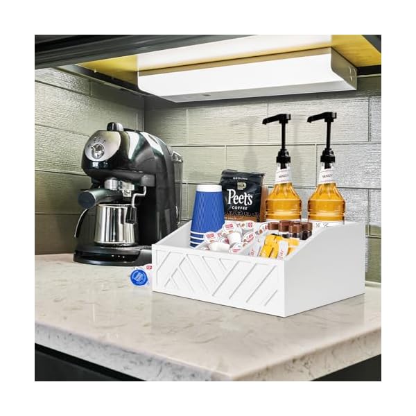   Farmhouse-Wood-Coffee-Station-Organizer-Countertop-Coffee-Bar-Accessory-Holder-Pod-Syrup-Condiment-Organizer-White
