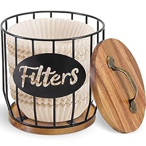 Rustic Coffee Filter Holder with Lid Acacia Coffee Filter Holder Storage Container Basket Round Coffee Filter Dispenser Coffee Filter Container for Counter Coffee Bar Accessories Decor