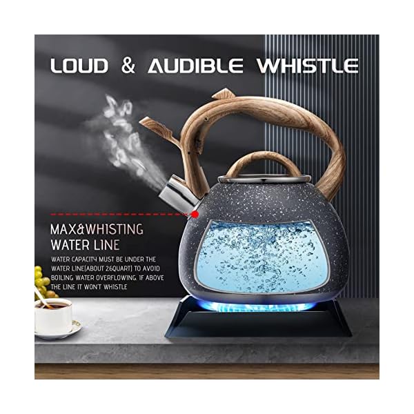   MARSKITOP-Tea-Kettle-Stovetop-Whistling-Tea-Pot-for-Stove-Top-Stainless-Steel-Tea-Kettle-Teapot-with-Wooden-Pattern-Handle-26-Quart-Gray