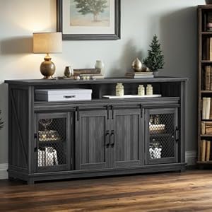 YITAHOME 63" Farmhouse Storage Cabinet, Large Buffet Sideboard Cabinet with Sliding Barn Doors and Visual Grid Doors, Coffee Bar Cabinet for Kitchen & Living Room, Dark Grey YITAHOME 63 Farmhouse Storage Cabinet Large Buffet Sideboard Cabinet with Sliding Barn Doors and Visual Grid Doors Coffee Bar Cabinet for Kitchen Living Room Dark Grey