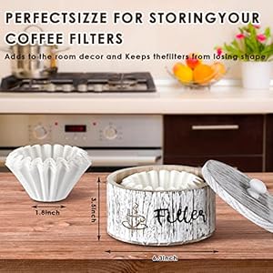 Coffee Filter Holder with 50 Pieces Coffee Filter Farmhouse Basket Coffee Filter Storage Container Rustic Style White Round Coffee Filter Case for Coffee Bar Counter Decor Shelf Storage
